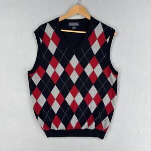 Brooks Brothers Sweater Vest Mens Large Blue Merino Wool Argyle V Neck Knit